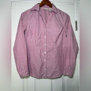 LL Bean Womens Pinkish Red Ruffle Long Sleeve Cotton Button Up Small 100% Cotton